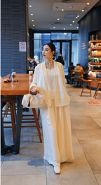 Ivory Jacquard Wide-Leg Pants