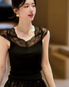 Lace-Trimmed Ribbed Knit Top